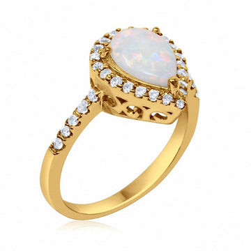 Halo Teardrop Bridal Filigree Ring Yellow Tone, Lab White Opal  925 Sterling Silver